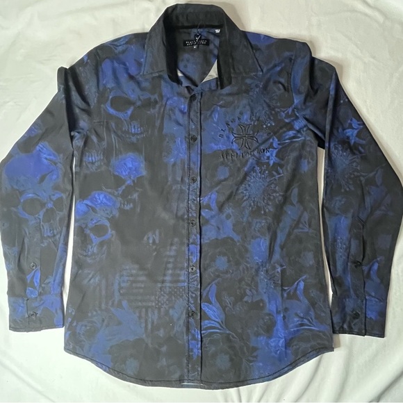 Affliction Blue and Black Skull Pattern Shirt - Picture 2 of 12
